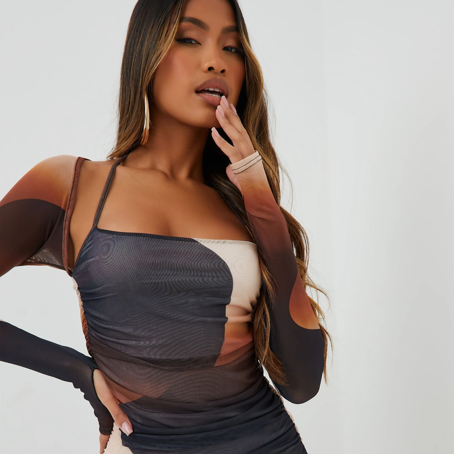 EGO Ruched Detail Halterneck Mini Bodycon Dress With Sleeves In Brown Swirl Ombre Printed Mesh 2 EGO Ruched Detail Halterneck Mini Bodycon Dress With Sleeves In Brown Swirl Ombre Printed Mesh - Image 2