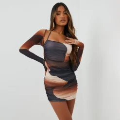 EGO Ruched Detail Halterneck Mini Bodycon Dress With Sleeves In Brown Swirl Ombre Printed Mesh