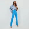 EGO High Waist Seam Front Detail Straight Leg Trousers In Blue Faux Leather