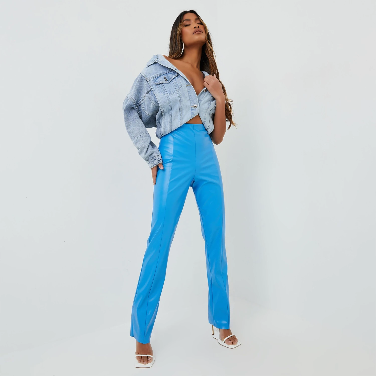 EGO High Waist Seam Front Detail Straight Leg Trousers In Blue Faux Leather 1 EGO High Waist Seam Front Detail Straight Leg Trousers In Blue Faux Leather