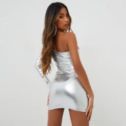 EGO One Sleeve Cut Out Ruched Detail Mini Bodycon Dress In Silver Metallic -EGO Sales Store 08 11 22 unya23150 copy 2 scaled