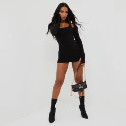 EGO Scooped Neck Double Sleeve Mini Bodycon Dress In Black