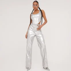 EGO High Waist Contour Panel Detail Straight Leg Trousers In Silver Metallic Faux Leather -EGO Sales Store 09 05 23 jul96807 sq scaled