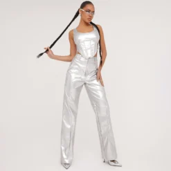 EGO High Waist Contour Panel Detail Straight Leg Trousers In Silver Metallic Faux Leather