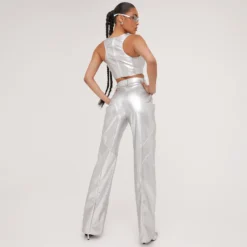 EGO High Waist Contour Panel Detail Straight Leg Trousers In Silver Metallic Faux Leather -EGO Sales Store 09 05 23 jul96832 sq scaled