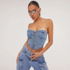 EGO Bandeau Lace Up Detail Corset Top In Blue Denim