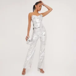 EGO High Waist Straight Leg Trousers In Silver Metallic Croc Print Faux Leather -EGO Sales Store 09 05 23 jul96978 sq scaled