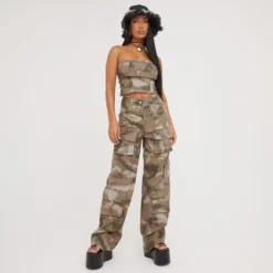 EGO High Waist Raw Hem Detail Cargo Style Trousers In Khaki Camo
