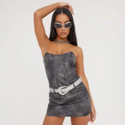 EGO Bandeau Structured Detail Corset Top In Charcoal Acid Wash Faux Leather