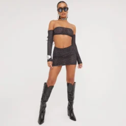 EGO High Waist Contrast Textured Detail Mini Bodycon Skirt In Black