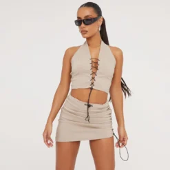 EGO High Waist Ruched Detail Toggle Utility Mini Bodycon Skirt In Stone -EGO Sales Store 11 04 23 ming82231 sq scaled