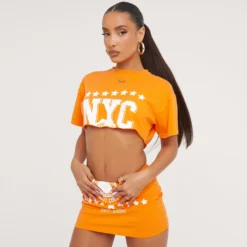 EGO Short Sleeve 'Nyc' Graphic Print Super Crop T-Shirt In Orange Acid Wash