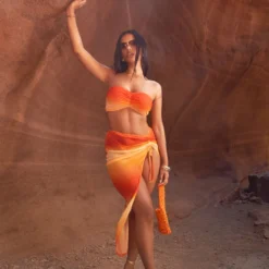 EGO High Waist Ruched Side Detail Split Leg Maxi Skirt In Orange Ombre Print Mesh