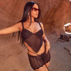 EGO Tie Front Detail Mini Bodycon Skirt In Black Crochet Knit