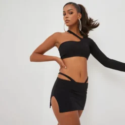 EGO Thong Detail Side Split Mini Bodycon Skirt In Black Slinky -EGO Sales Store 12 08 22 pam5208 scaled