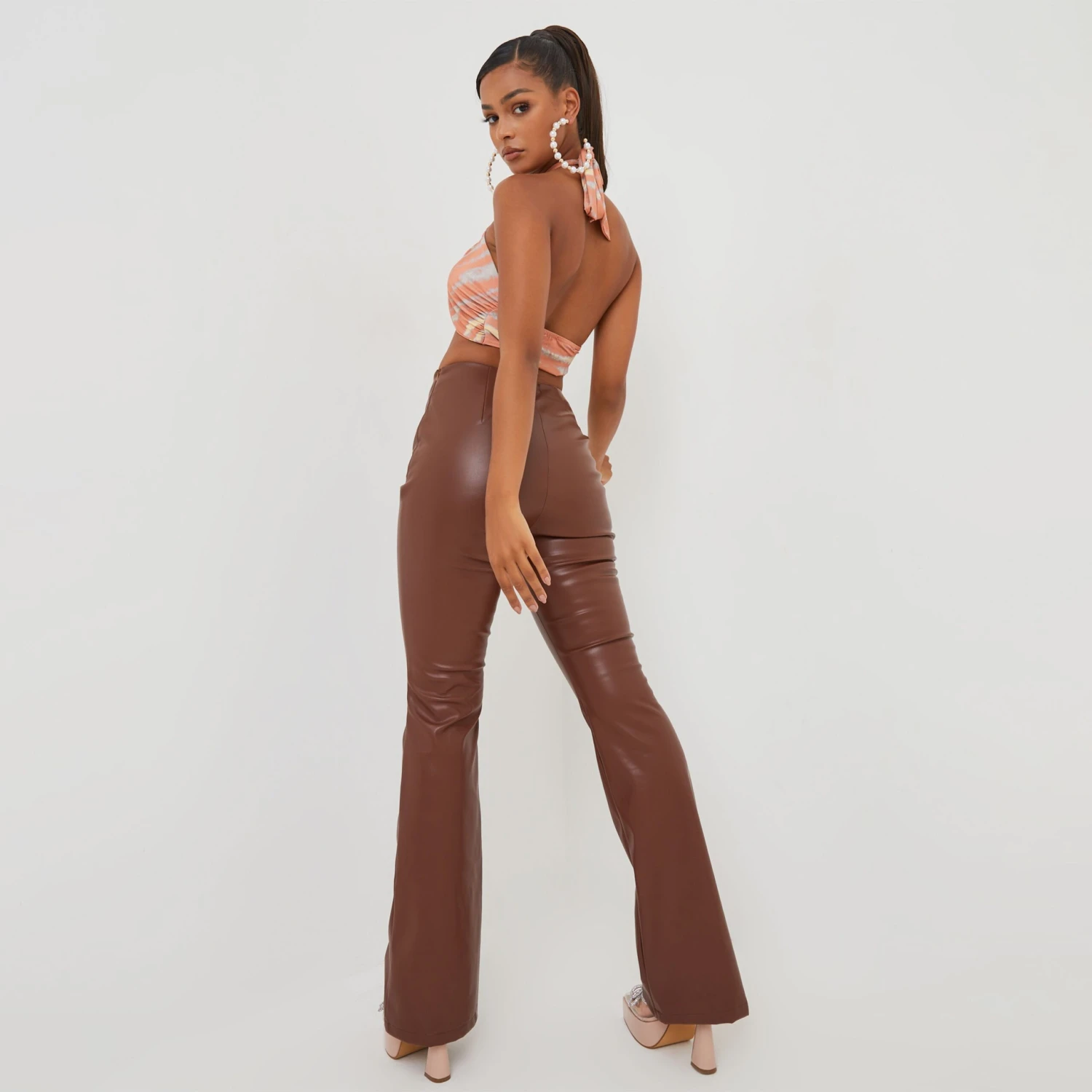 EGO High Waist Flared Leg Trousers In Brown Faux Leather 2 EGO High Waist Flared Leg Trousers In Brown Faux Leather - Image 2