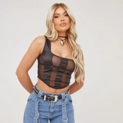 EGO Square Neck Panelled Mesh Detail Curved Hem Corset Top In Black