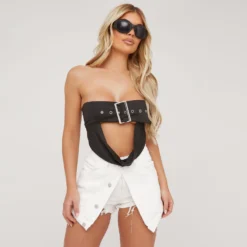 EGO Buckle Detail Cut Out Drape Bandeau Top In Black Woven