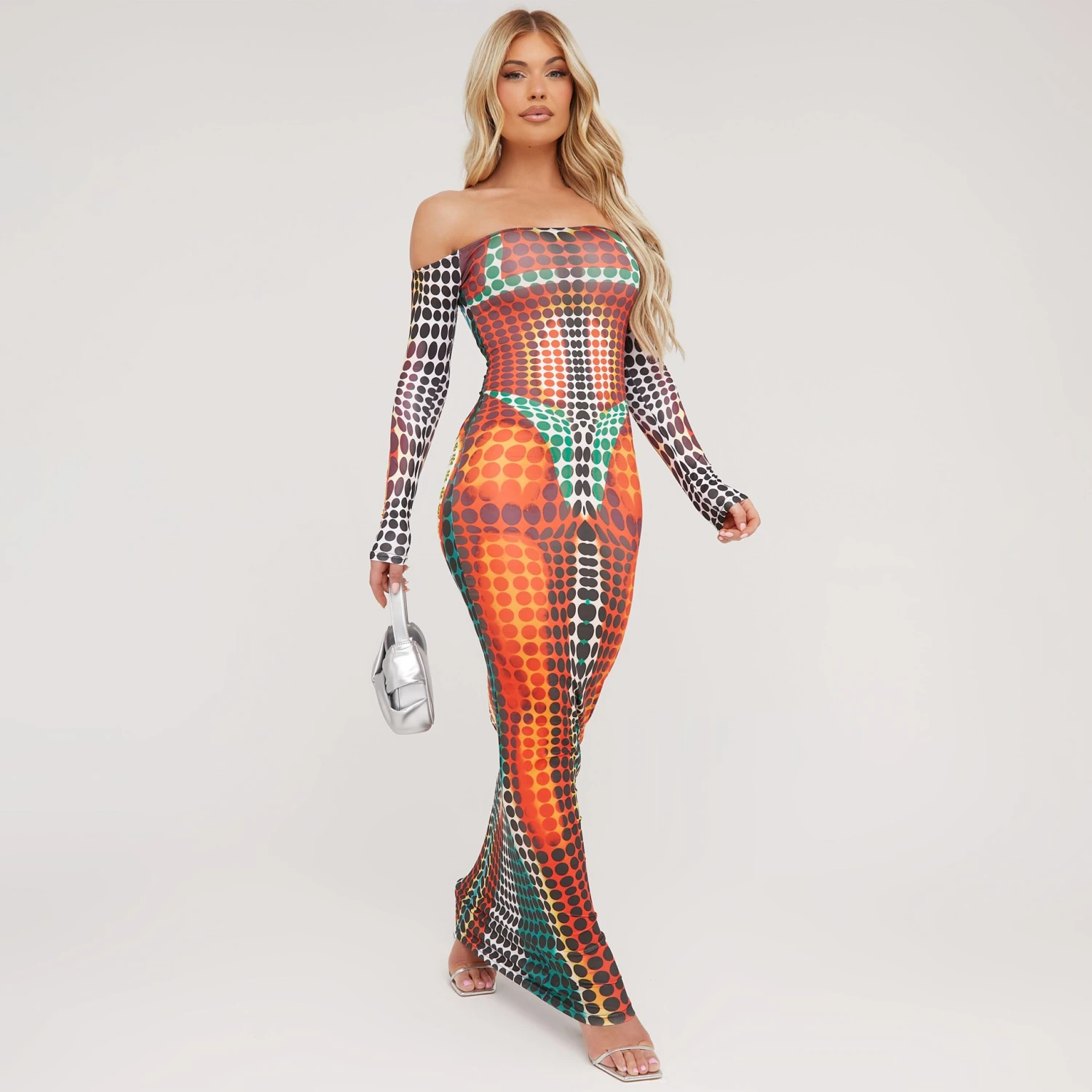 EGO Bardot Long Sleeve Printed Detail Maxi Dress In Muli Slinky