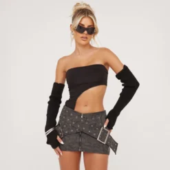 EGO Low Rise Cross Over Buckle Detail Mini Bodycon Skirt In Grey Faux Leather