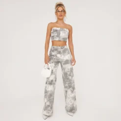 EGO High Waist Multi Pocket Detail Flared Leg Trousers In Cream Acid Wash