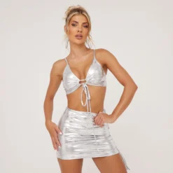 EGO High Waist Ruched Detail Mini Bodycon Skirt In Silver Metallic -EGO Sales Store 13 06 em117441 sq scaled