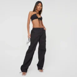 EGO High Waist Pocket Toggle Detail Cargo Trousers In Black
