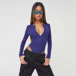 EGO Long Sleeve Zip Detail Contour Bodysuit In Navy Blue Ribbed