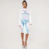 EGO Long Sleeve High Neck Body Print Detail Midi Bodycon Dress In White Multi