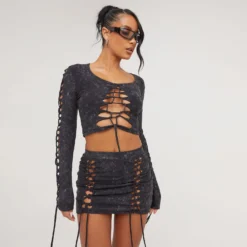 EGO Extreme Ladder Detail Long Sleeve Top In Black Acid Wash