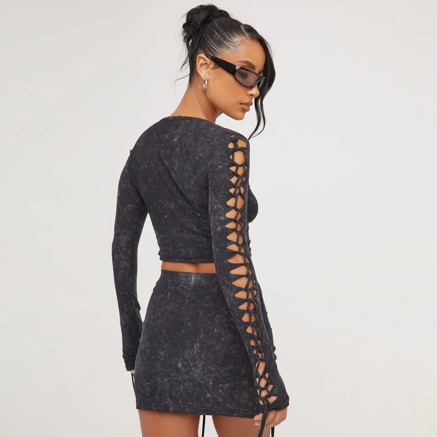 EGO Extreme Ladder Detail Long Sleeve Top In Black Acid Wash 3 EGO Extreme Ladder Detail Long Sleeve Top In Black Acid Wash - Image 3