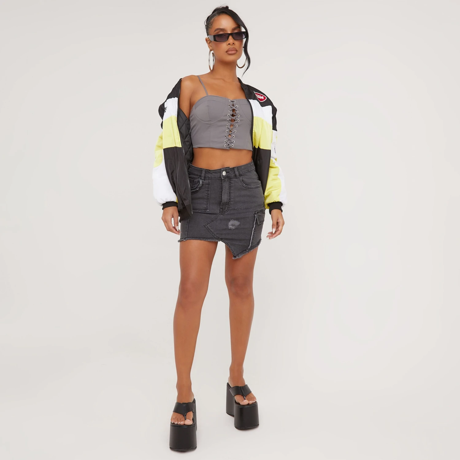 EGO High Waist Distressed Detail Asymmetric Cargo Mini Bodycon Skirt In Washed Black Denim 4 EGO High Waist Distressed Detail Asymmetric Cargo Mini Bodycon Skirt In Washed Black Denim - Image 4