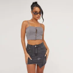 EGO High Waist Distressed Detail Asymmetric Cargo Mini Bodycon Skirt In Washed Black Denim