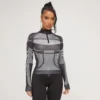 EGO Long Sleeve Zip Front Contour Illusion Detail Top In Black