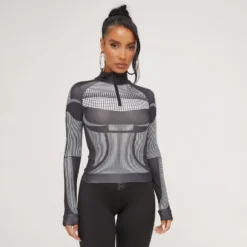 EGO Long Sleeve Zip Front Contour Illusion Detail Top In Black