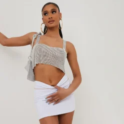 EGO Dipped Waistband Ruched Ultra Mini Bodycon Skirt In White Slinky -EGO Sales Store 14 06 2212188 1