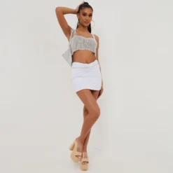 EGO Dipped Waistband Ruched Ultra Mini Bodycon Skirt In White Slinky