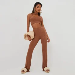 EGO High Waist Flared Leg Trouser In Brown Ribbed