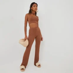 EGO High Waist Flared Leg Trouser In Brown Ribbed -EGO Sales Store 14 07 225969 scaled
