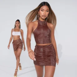 EGO High Neck Tie Back Detail Racer Style Top In Brown Snake Print Faux Leather