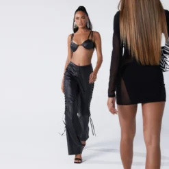 EGO High Waist Lace Up Side Detail Straight Leg Trousers In Black Croc Print Faux Leather