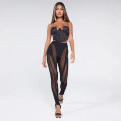 EGO High Waist Contrast Panelled Stirrup Leggings In Black Mesh And Slinky