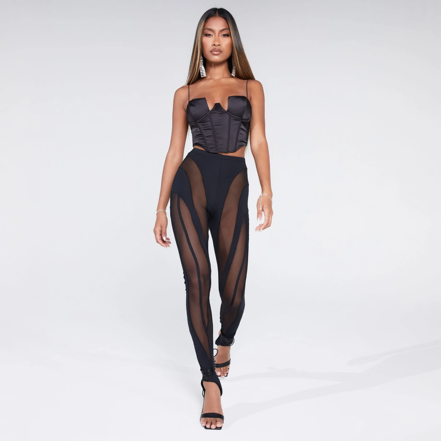 EGO High Waist Contrast Panelled Stirrup Leggings In Black Mesh And Slinky 1 EGO High Waist Contrast Panelled Stirrup Leggings In Black Mesh And Slinky