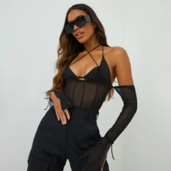 EGO Long Sleeve Cross Strap Detail Structured Corset Top In Black Mesh