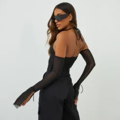EGO Long Sleeve Cross Strap Detail Structured Corset Top In Black Mesh -EGO Sales Store 15 09 22 noara 18418 copy scaled