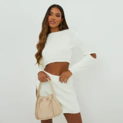 EGO Cut Out Sleeve Detail Cropped Jumper In Ivory Knit