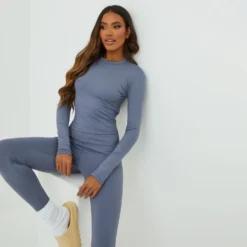 EGO High Neck Long Sleeve Super Stretch Top In Grey