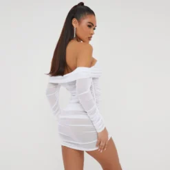 EGO Bardot Long Sleeve Ruched Detail Mini Bodycon Dress In White Mesh -EGO Sales Store 15 11 22 july25221 sq scaled