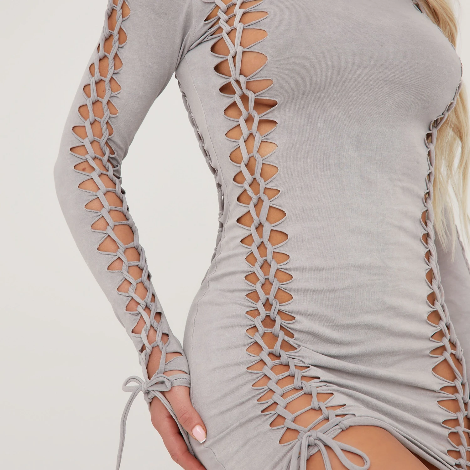 EGO Long Sleeve High Neck Extreme Ladder Detail Mini Bodycon Dress In Grey Acid Wash 2 EGO Long Sleeve High Neck Extreme Ladder Detail Mini Bodycon Dress In Grey Acid Wash - Image 2