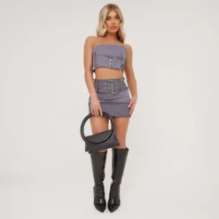 EGO Raw Hem Detail Belted Mini Bodycon Skirt In Grey Canvas